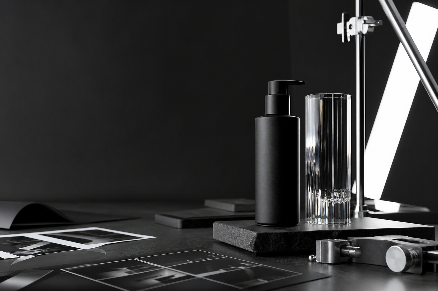 Minimal product photography set in a dark creative studio